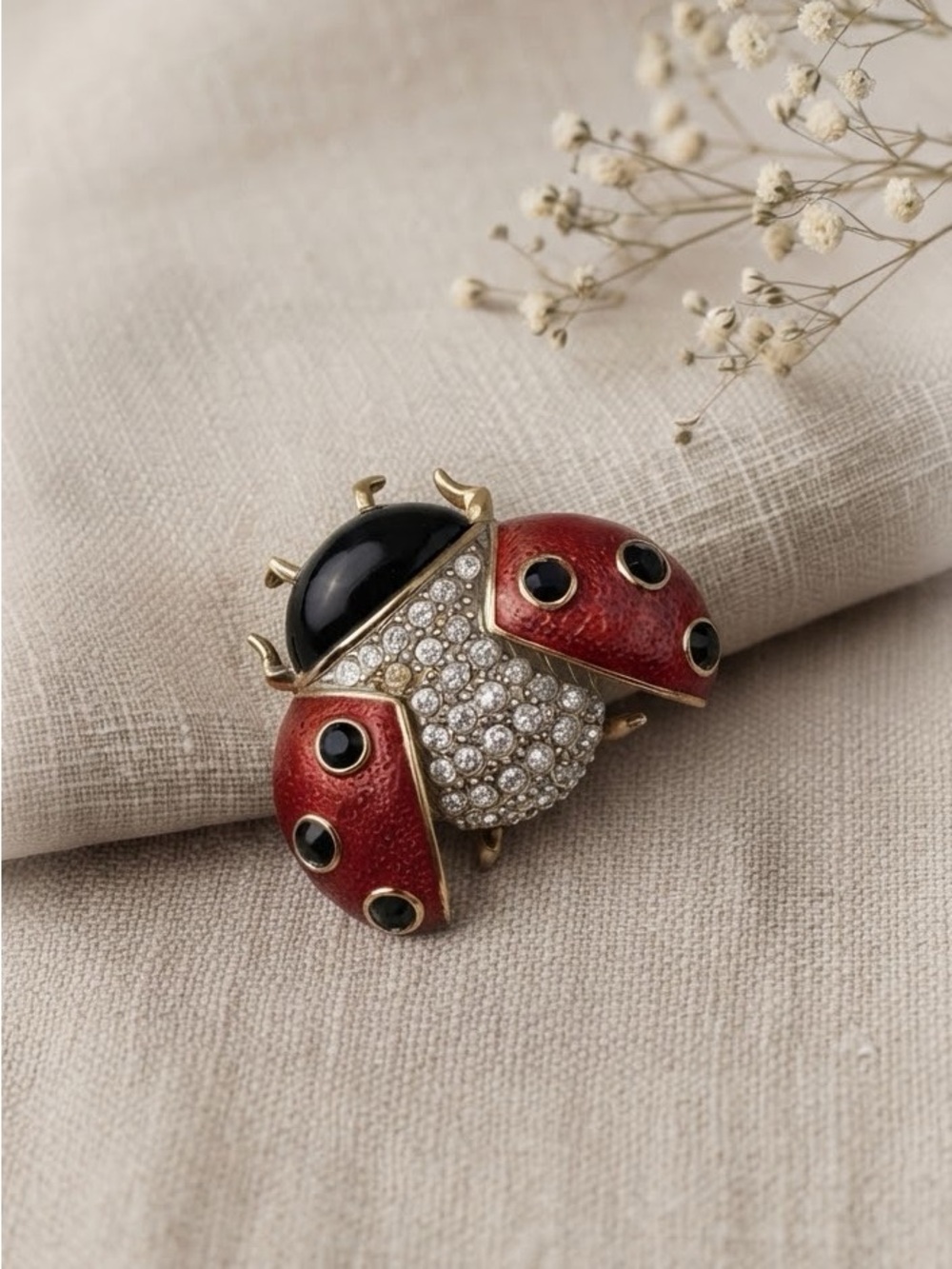 Vintage Butler Signed Rhinestone & Enamel Ladybug Brooch Pin